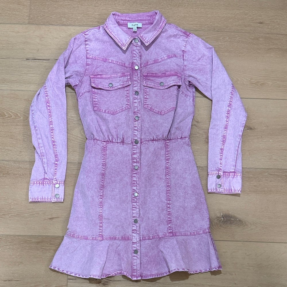 FATE purple washed denim mini dress with ruffle trim
